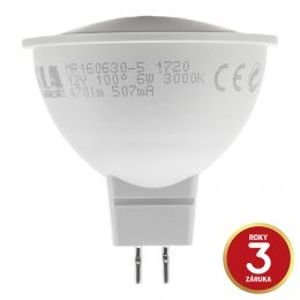 TESLA - LED žárovka GU5,3 MR16, 6W, 12V, 470lm, 25 000h, 3000K teplá bílá, 100° MR160630-5 Teplá bílá